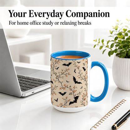 #pl[15oz|Blue] Bat Floral Pattern Ceramic Coffee Cup, Mug with Blossom Artwork