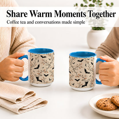 #pl[15oz|Blue] Bat Floral Pattern Ceramic Coffee Cup, Mug with Blossom Artwork