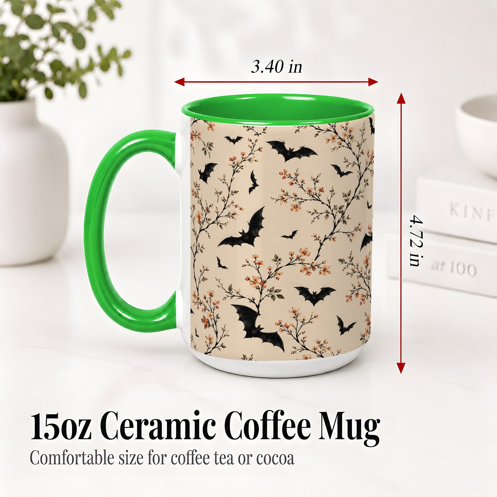 #pl[15oz|Green] Bat Floral Pattern Ceramic Coffee Cup, Mug with Blossom Artwork