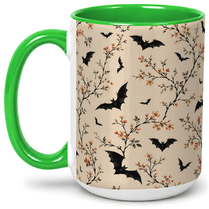 #pl[15oz|Green] Bat Floral Pattern Ceramic Coffee Cup, Mug with Blossom Artwork