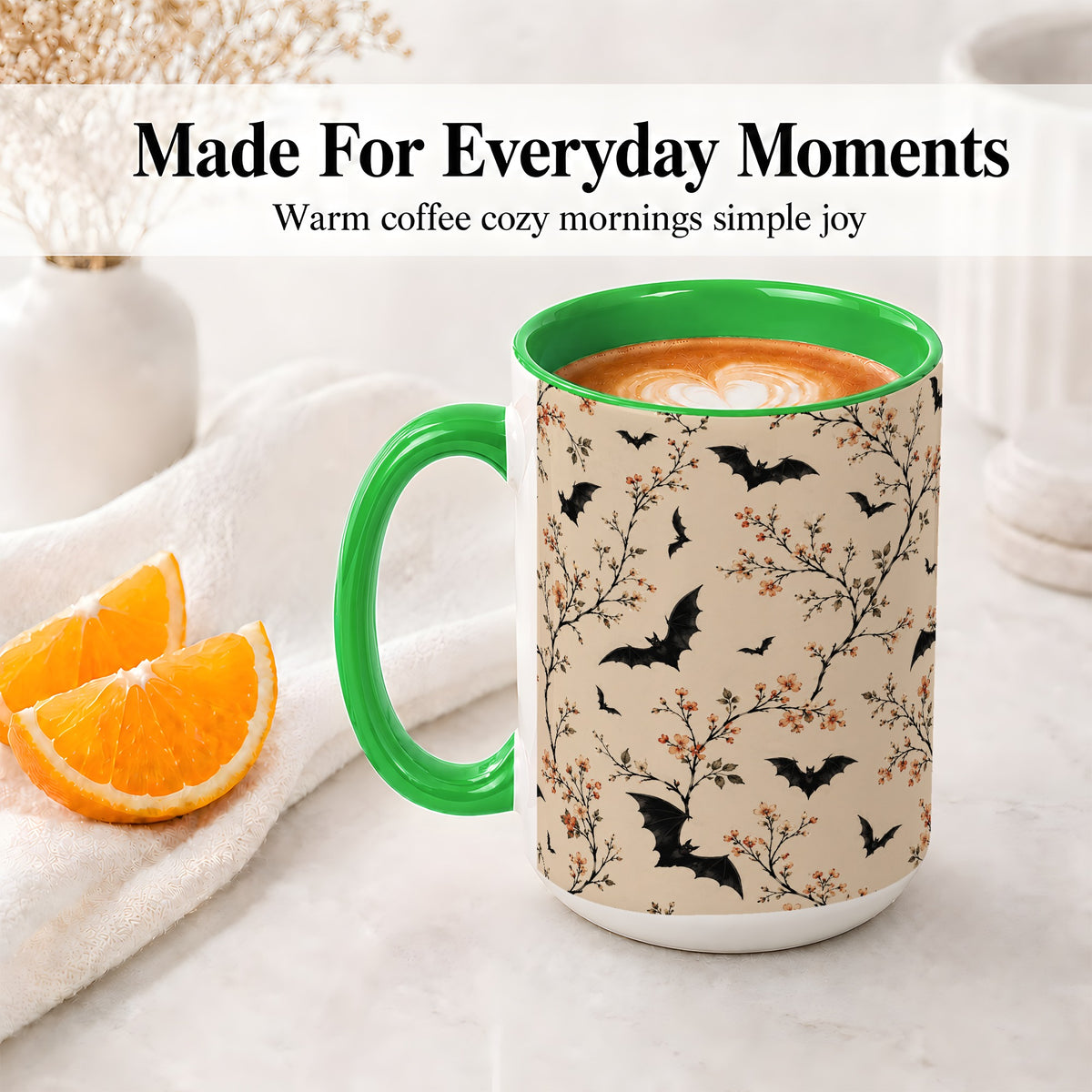#pl[15oz|Green] Bat Floral Pattern Ceramic Coffee Cup, Mug with Blossom Artwork
