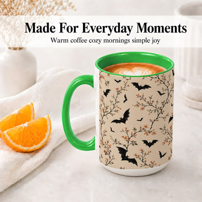 #pl[15oz|Green] Bat Floral Pattern Ceramic Coffee Cup, Mug with Blossom Artwork