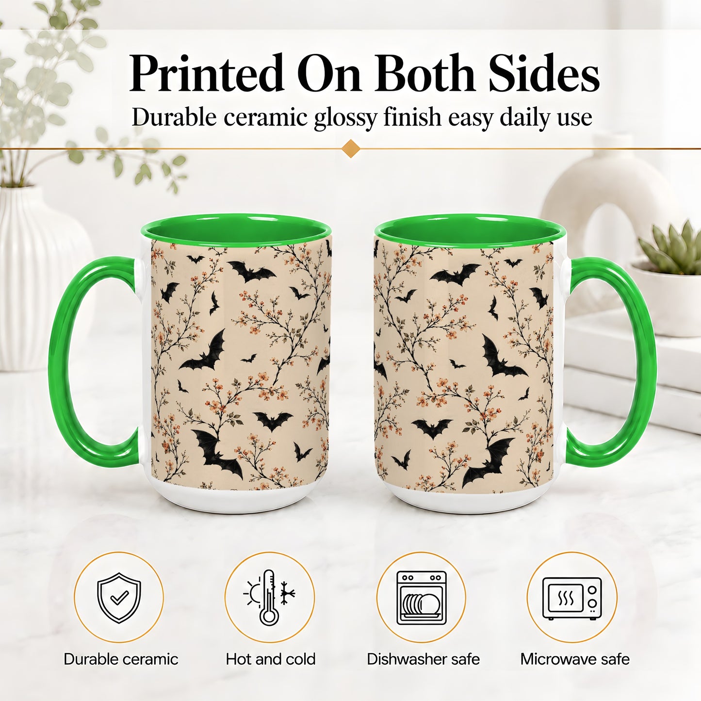 #pl[15oz|Green] Bat Floral Pattern Ceramic Coffee Cup, Mug with Blossom Artwork