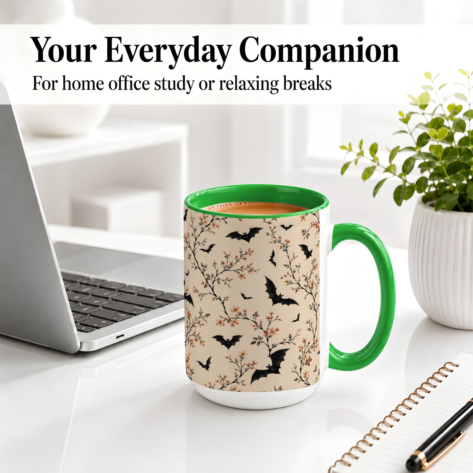 #pl[15oz|Green] Bat Floral Pattern Ceramic Coffee Cup, Mug with Blossom Artwork