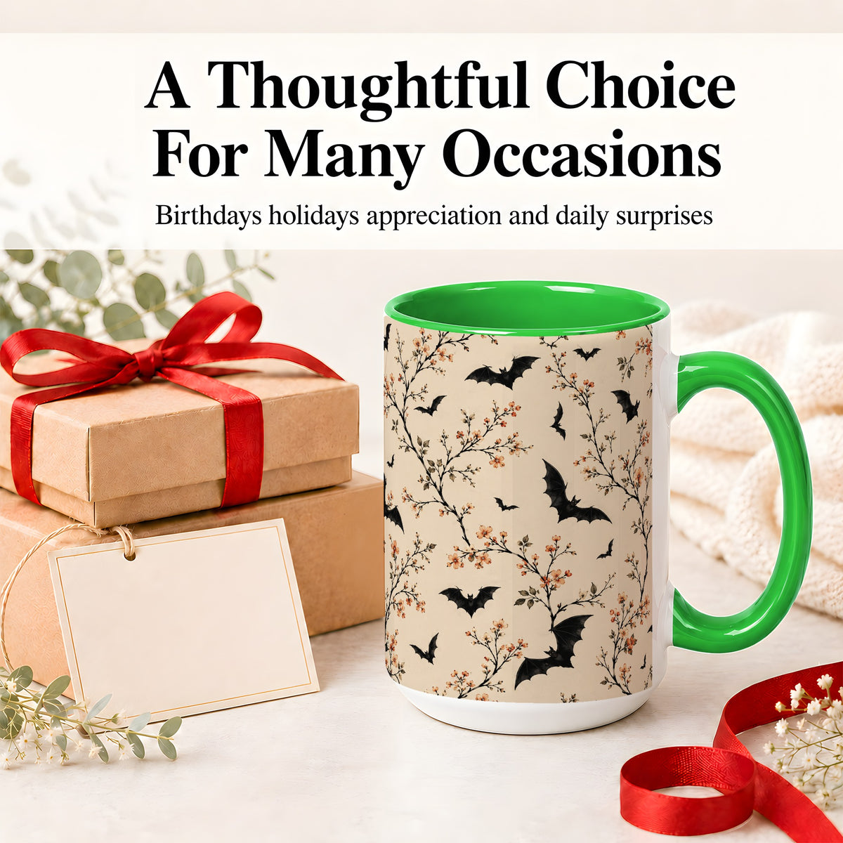 #pl[15oz|Green] Bat Floral Pattern Ceramic Coffee Cup, Mug with Blossom Artwork