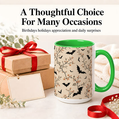 #pl[15oz|Green] Bat Floral Pattern Ceramic Coffee Cup, Mug with Blossom Artwork