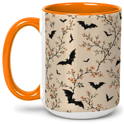 #pl[15oz|Orange] Bat Floral Pattern Ceramic Coffee Cup, Mug with Blossom Artwork