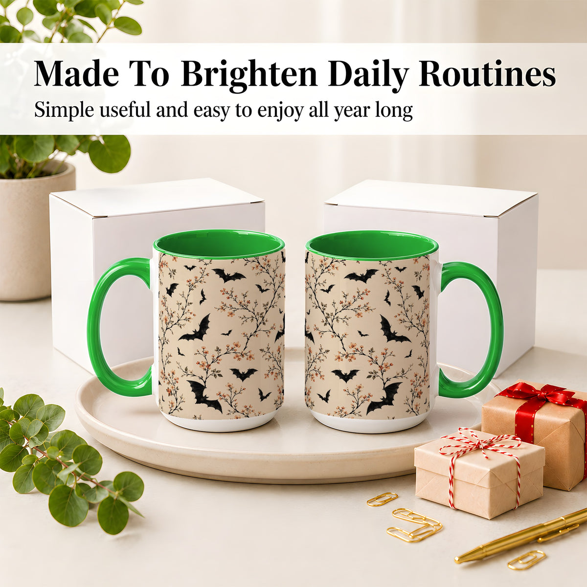 #pl[15oz|Green] Bat Floral Pattern Ceramic Coffee Cup, Mug with Blossom Artwork