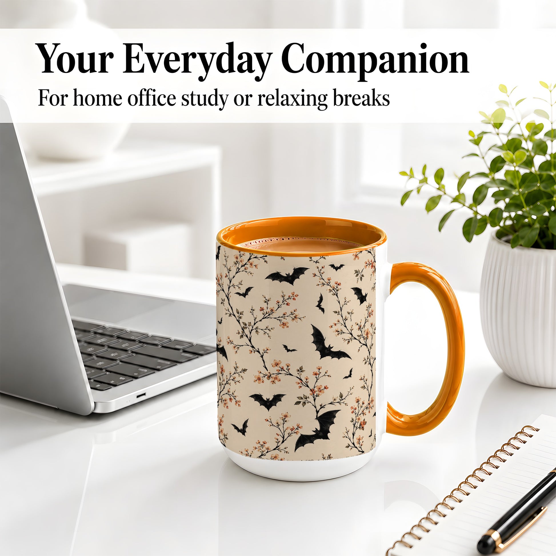 #pl[15oz|Orange] Bat Floral Pattern Ceramic Coffee Cup, Mug with Blossom Artwork