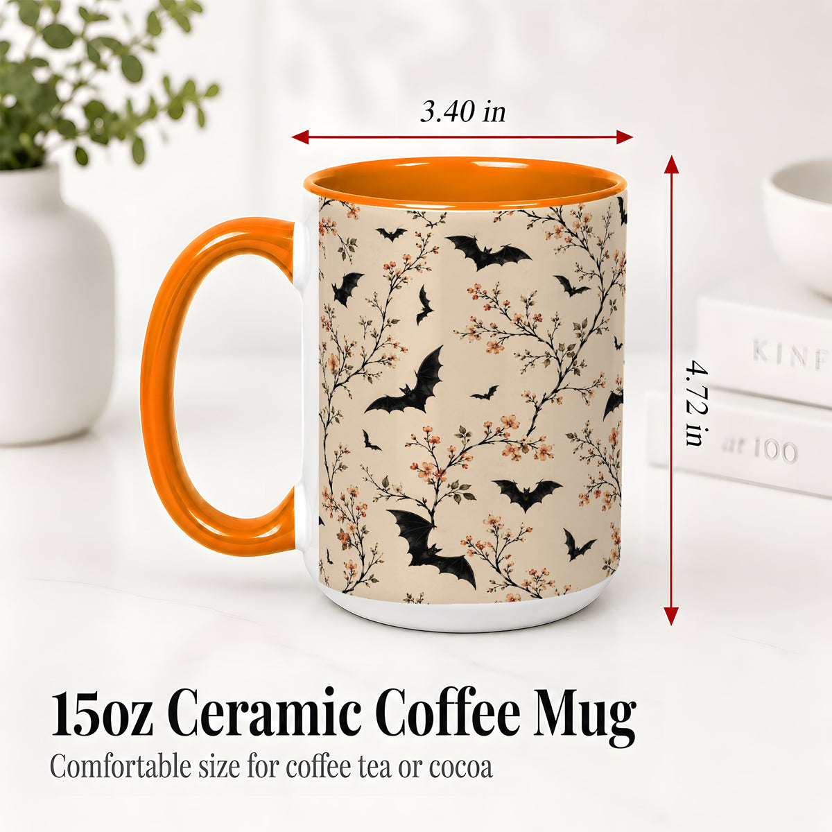 #pl[15oz|Orange] Bat Floral Pattern Ceramic Coffee Cup, Mug with Blossom Artwork