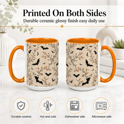 #pl[15oz|Orange] Bat Floral Pattern Ceramic Coffee Cup, Mug with Blossom Artwork