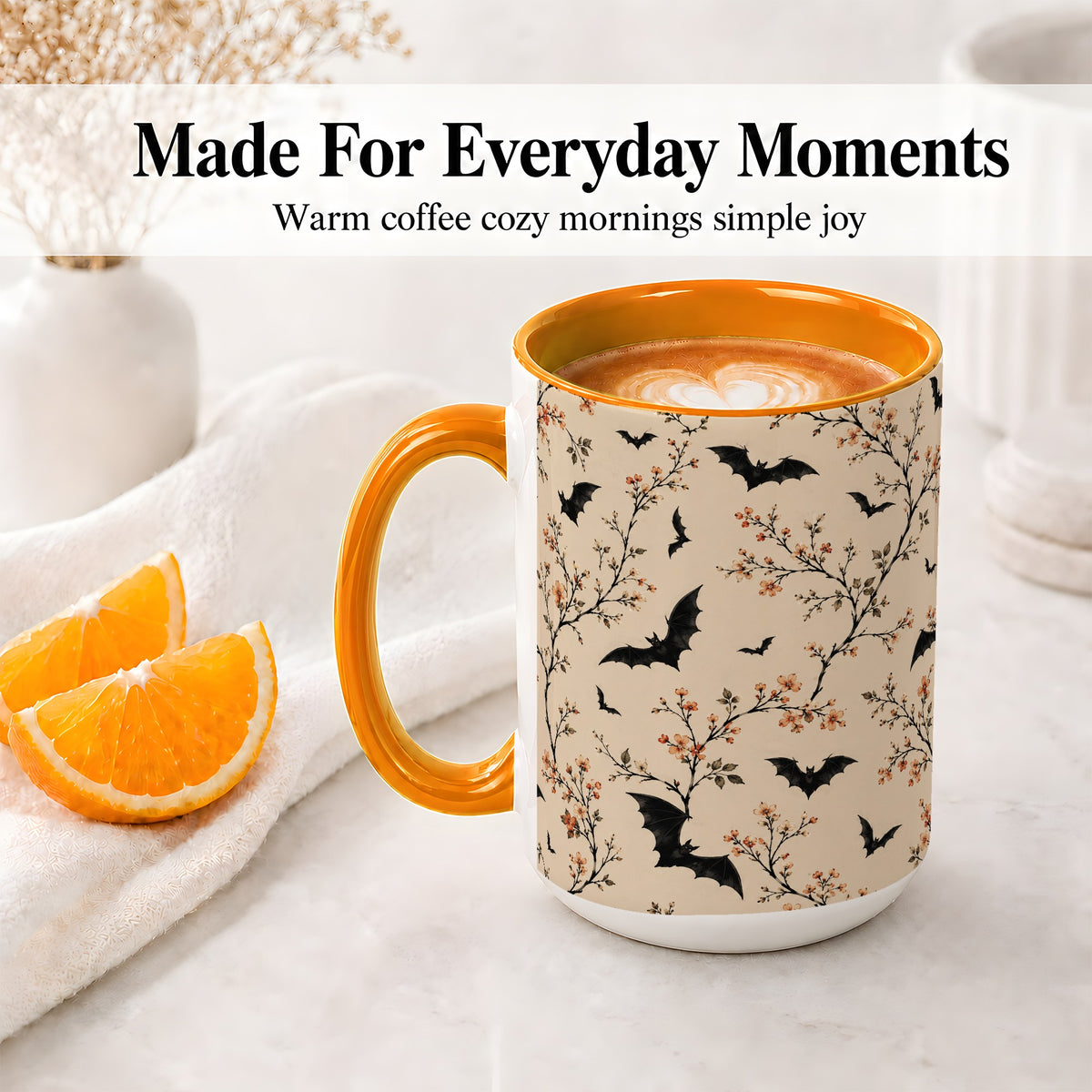 #pl[15oz|Orange] Bat Floral Pattern Ceramic Coffee Cup, Mug with Blossom Artwork