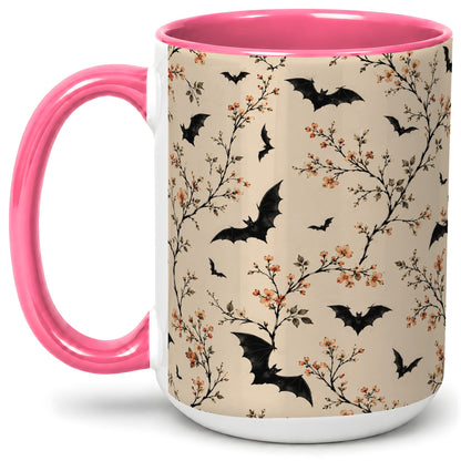 #pl[15oz|Pink] Bat Floral Pattern Ceramic Coffee Cup, Mug with Blossom Artwork