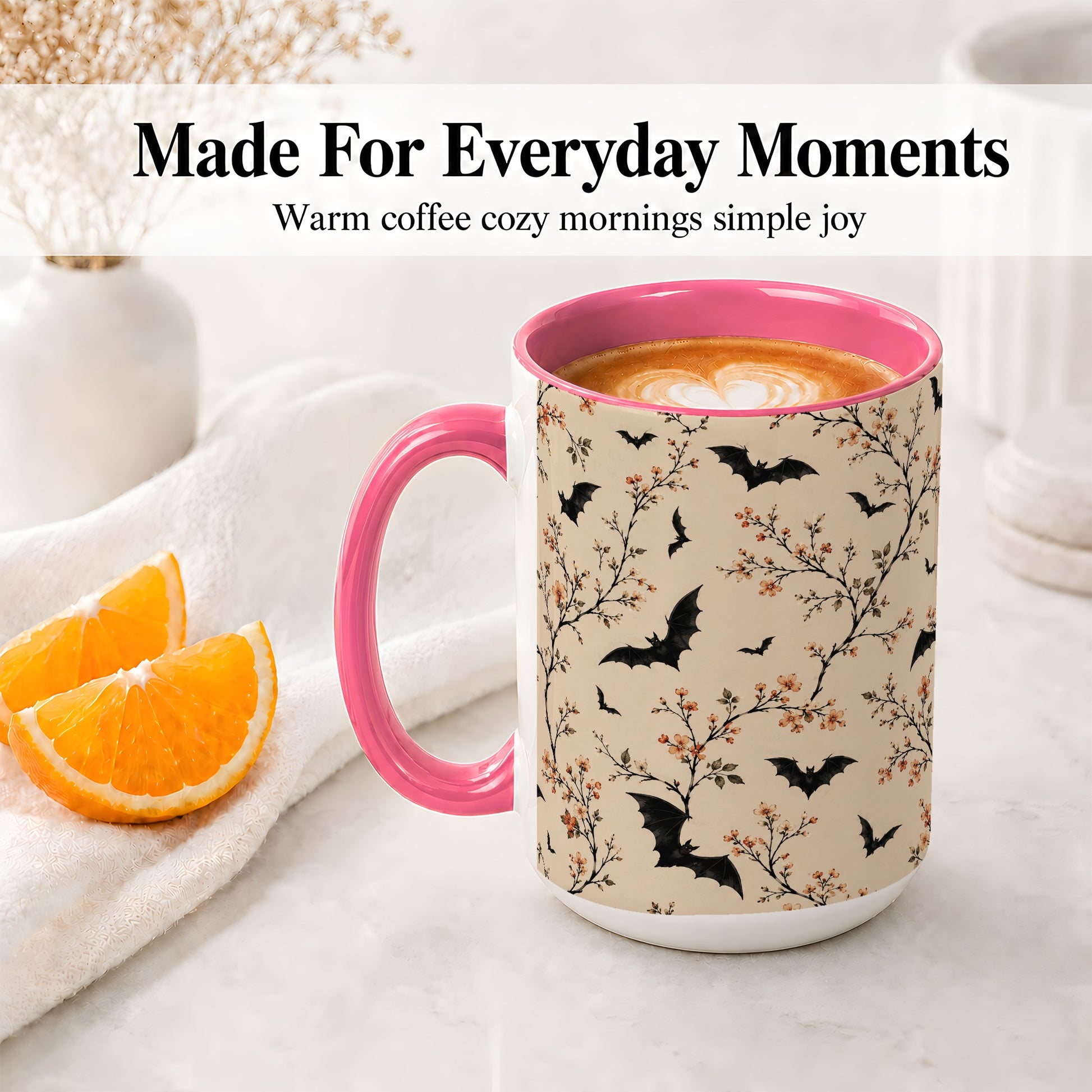 #pl[15oz|Pink] Bat Floral Pattern Ceramic Coffee Cup, Mug with Blossom Artwork