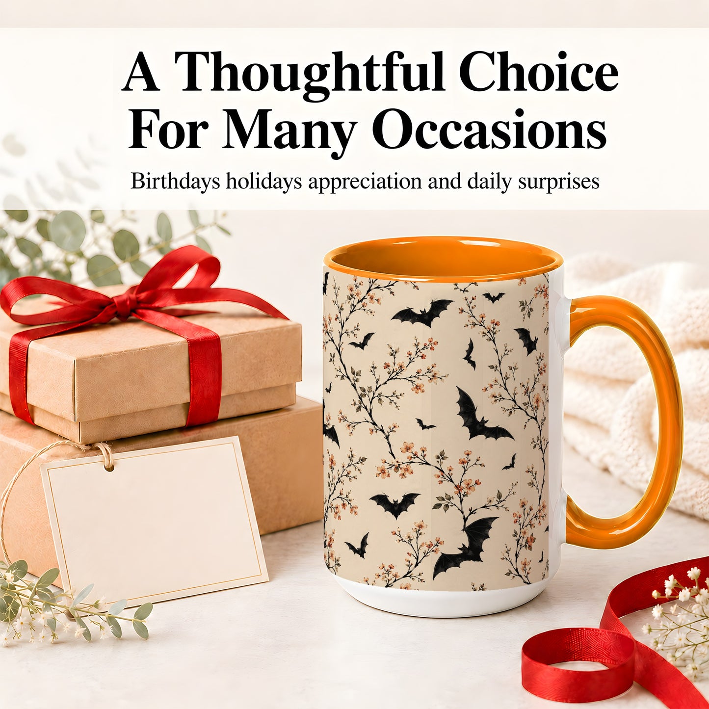 #pl[15oz|Orange] Bat Floral Pattern Ceramic Coffee Cup, Mug with Blossom Artwork