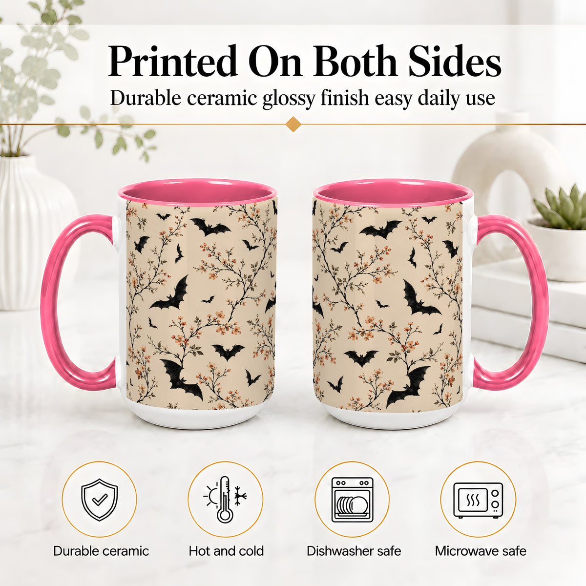 #pl[15oz|Pink] Bat Floral Pattern Ceramic Coffee Cup, Mug with Blossom Artwork