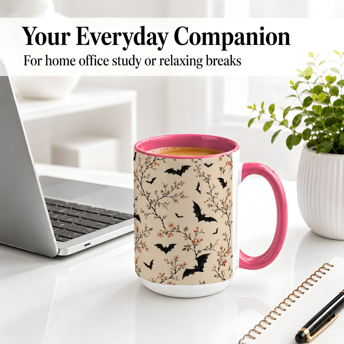 #pl[15oz|Pink] Bat Floral Pattern Ceramic Coffee Cup, Mug with Blossom Artwork
