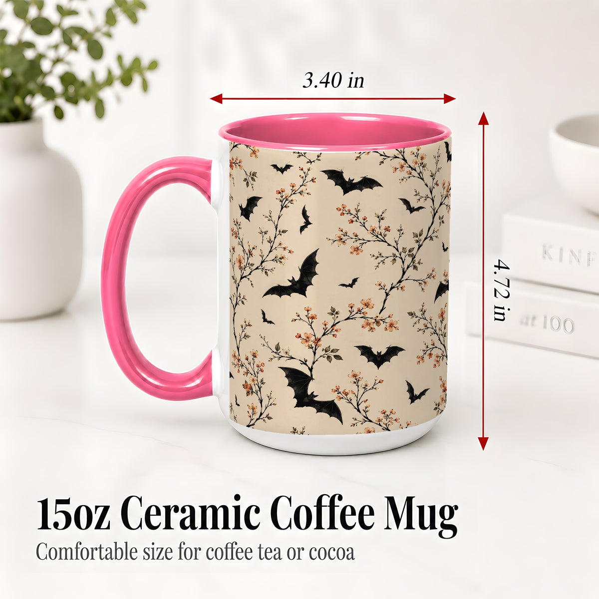 #pl[15oz|Pink] Bat Floral Pattern Ceramic Coffee Cup, Mug with Blossom Artwork
