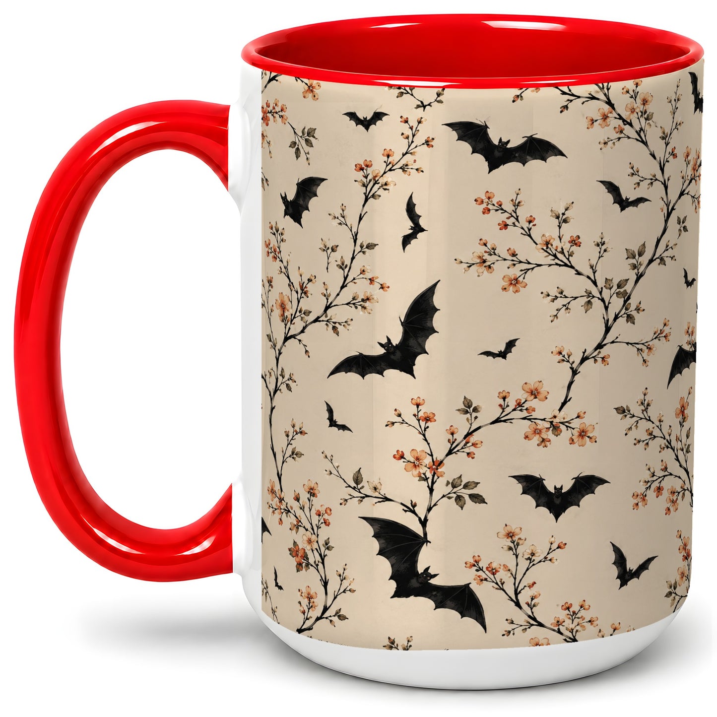 #pl[15oz|Red] Bat Floral Pattern Ceramic Coffee Cup, Mug with Blossom Artwork