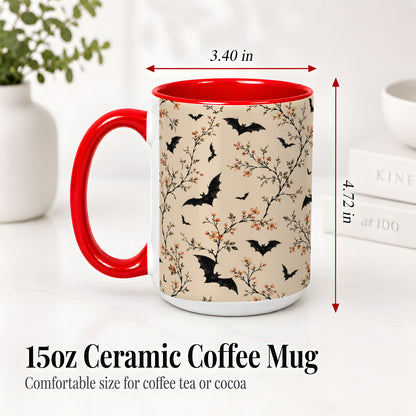 #pl[15oz|Red] Bat Floral Pattern Ceramic Coffee Cup, Mug with Blossom Artwork