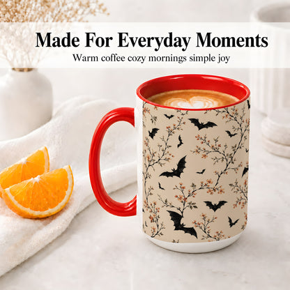 #pl[15oz|Red] Bat Floral Pattern Ceramic Coffee Cup, Mug with Blossom Artwork