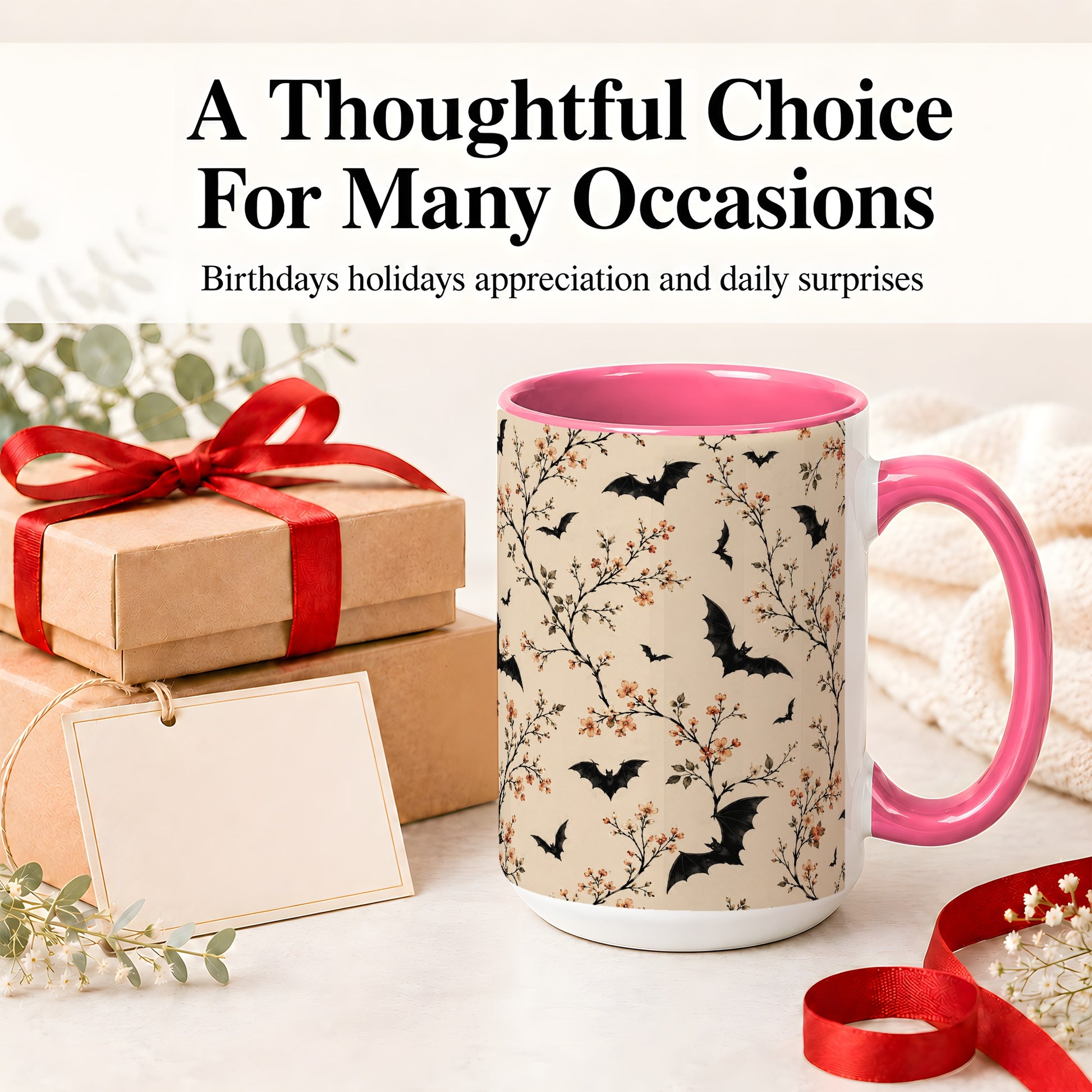 #pl[15oz|Pink] Bat Floral Pattern Ceramic Coffee Cup, Mug with Blossom Artwork
