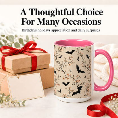 #pl[15oz|Pink] Bat Floral Pattern Ceramic Coffee Cup, Mug with Blossom Artwork