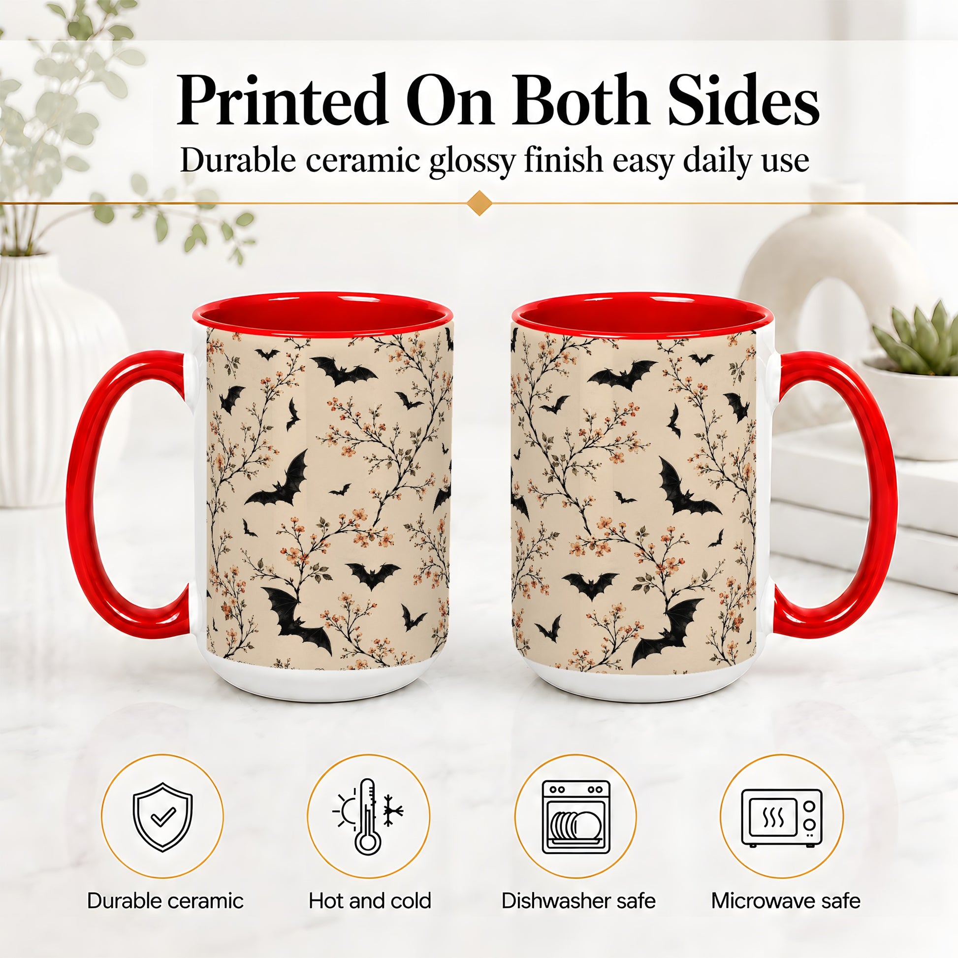#pl[15oz|Red] Bat Floral Pattern Ceramic Coffee Cup, Mug with Blossom Artwork