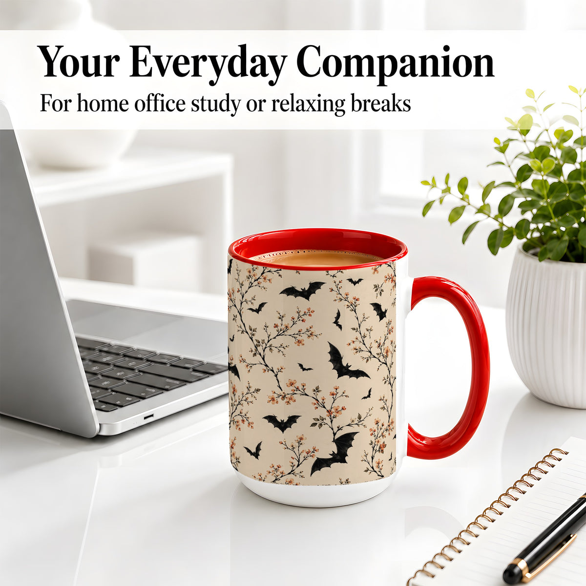 #pl[15oz|Red] Bat Floral Pattern Ceramic Coffee Cup, Mug with Blossom Artwork