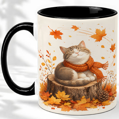 #pl[11oz|Black] Cozy Autumn Cat Ceramic Coffee Cup, Mug with Scarf Leaf Artwork