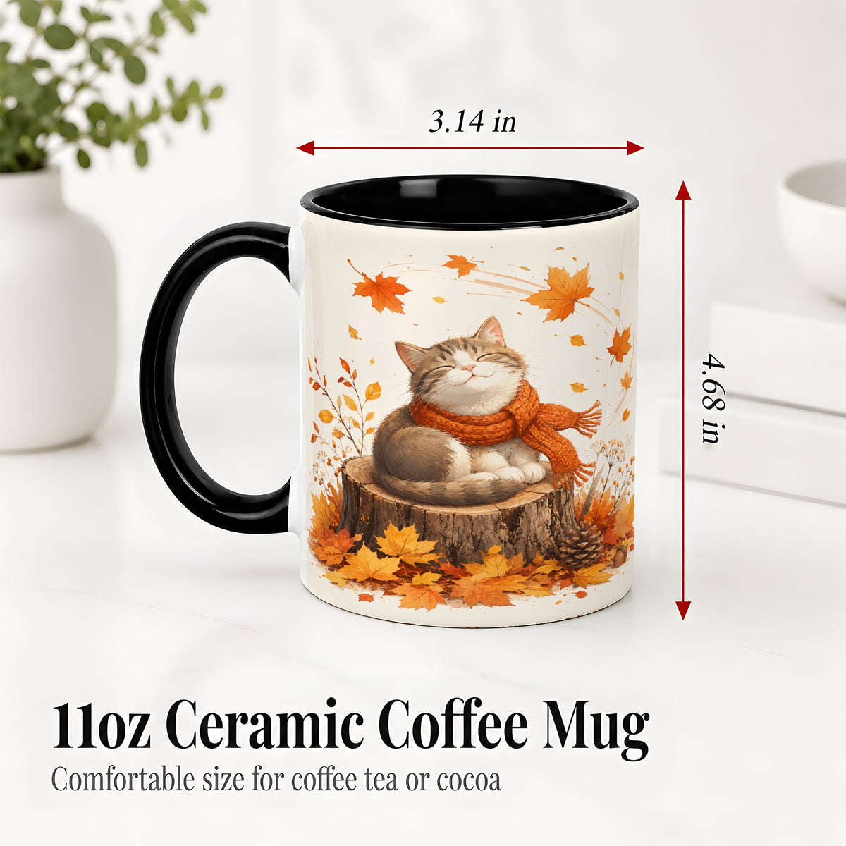#pl[11oz|Black] Cozy Autumn Cat Ceramic Coffee Cup, Mug with Scarf Leaf Artwork