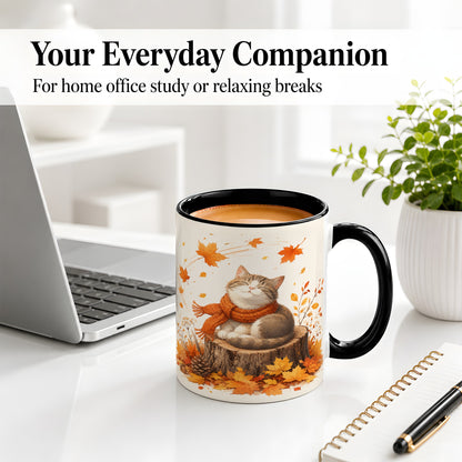 #pl[11oz|Black] Cozy Autumn Cat Ceramic Coffee Cup, Mug with Scarf Leaf Artwork