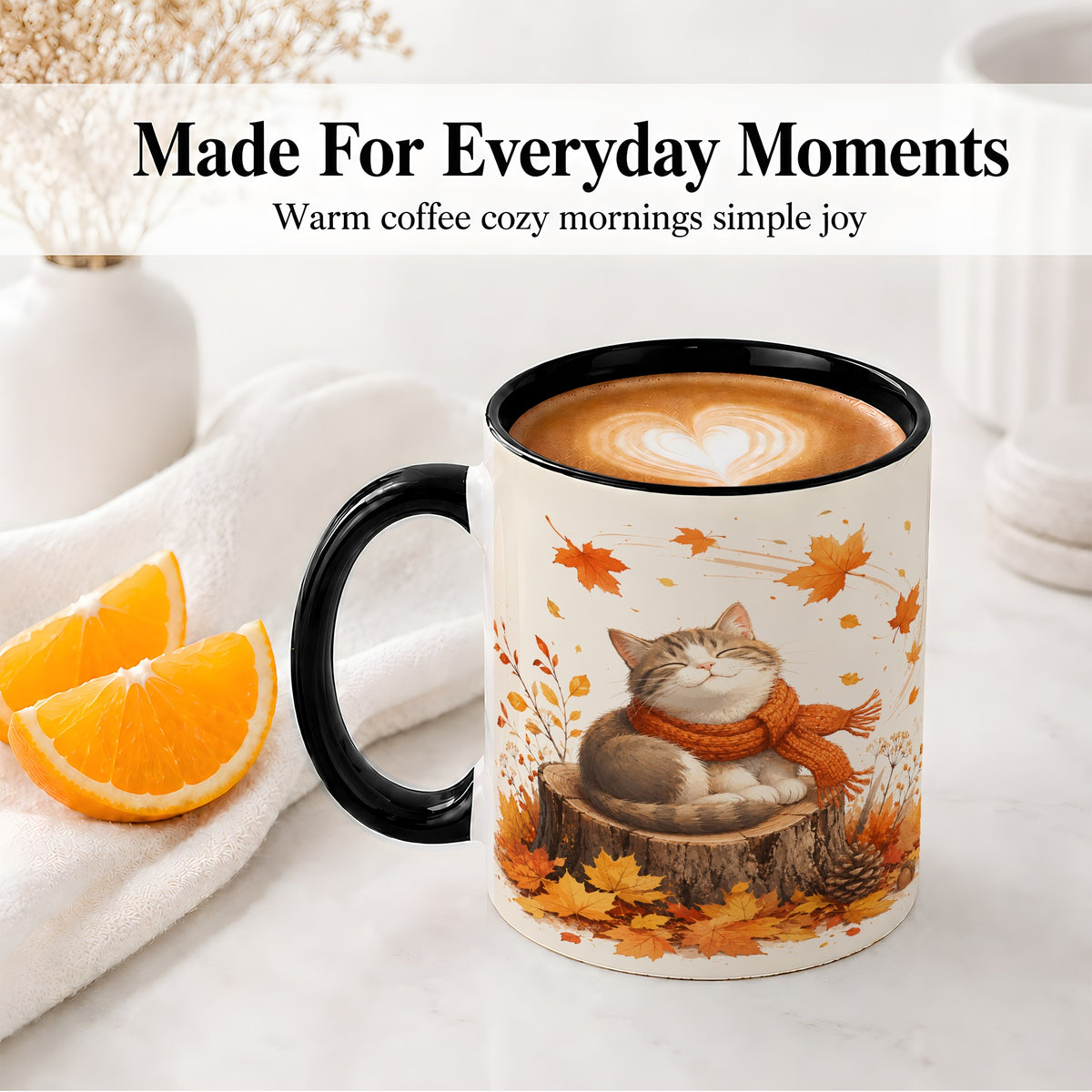#pl[11oz|Black] Cozy Autumn Cat Ceramic Coffee Cup, Mug with Scarf Leaf Artwork
