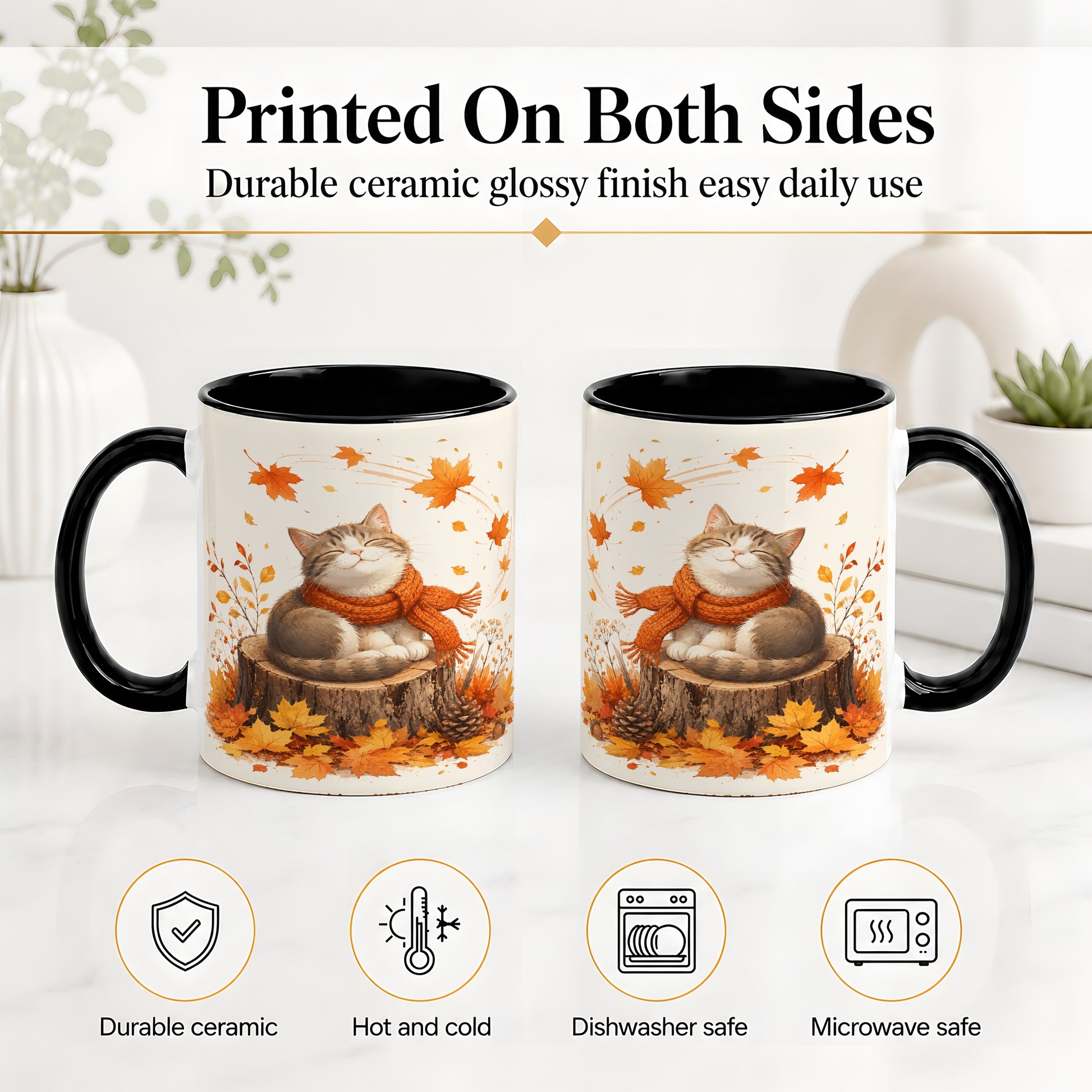 #pl[11oz|Black] Cozy Autumn Cat Ceramic Coffee Cup, Mug with Scarf Leaf Artwork