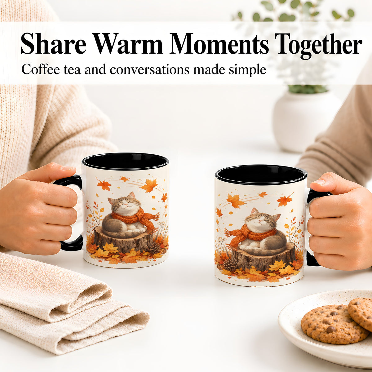 #pl[11oz|Black] Cozy Autumn Cat Ceramic Coffee Cup, Mug with Scarf Leaf Artwork