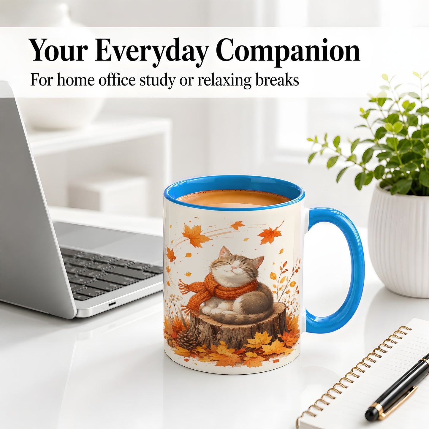 #pl[11oz|Blue] Cozy Autumn Cat Ceramic Coffee Cup, Mug with Scarf Leaf Artwork