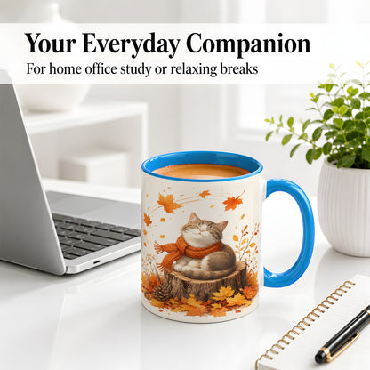 #pl[11oz|Blue] Cozy Autumn Cat Ceramic Coffee Cup, Mug with Scarf Leaf Artwork