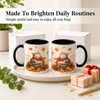 #pl[11oz|Black] Cozy Autumn Cat Ceramic Coffee Cup, Mug with Scarf Leaf Artwork