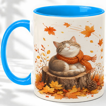 #pl[11oz|Blue] Cozy Autumn Cat Ceramic Coffee Cup, Mug with Scarf Leaf Artwork