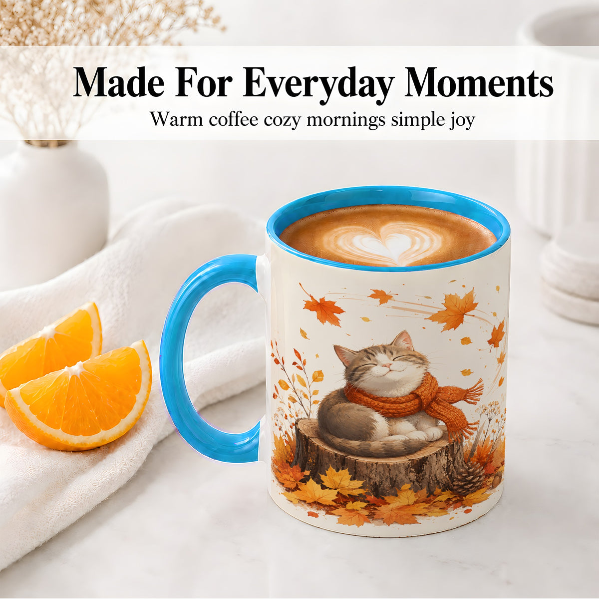 #pl[11oz|Blue] Cozy Autumn Cat Ceramic Coffee Cup, Mug with Scarf Leaf Artwork