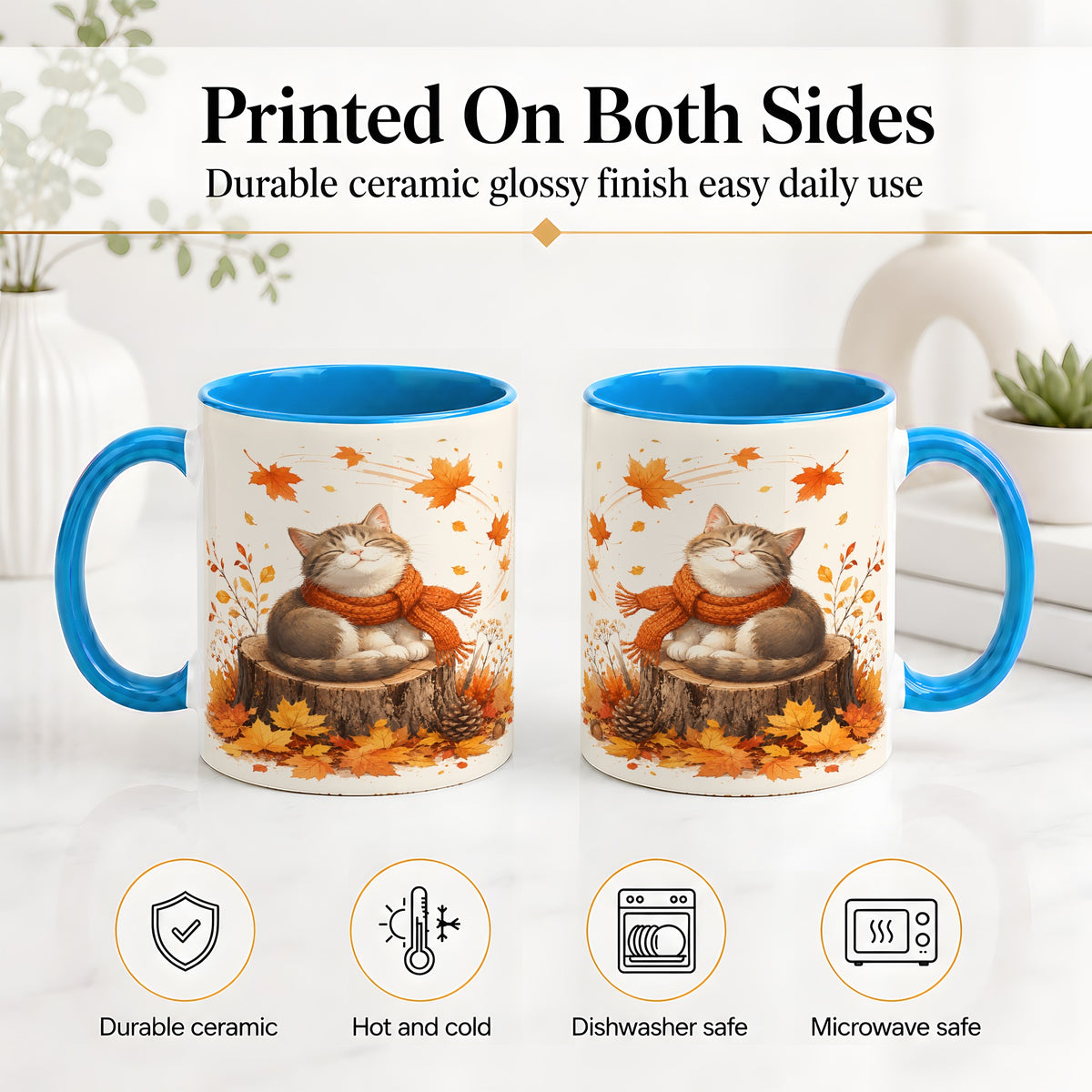 #pl[11oz|Blue] Cozy Autumn Cat Ceramic Coffee Cup, Mug with Scarf Leaf Artwork
