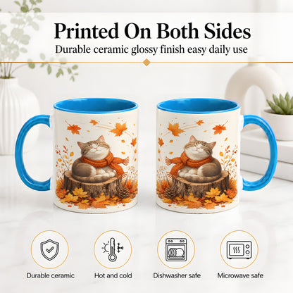 #pl[11oz|Blue] Cozy Autumn Cat Ceramic Coffee Cup, Mug with Scarf Leaf Artwork