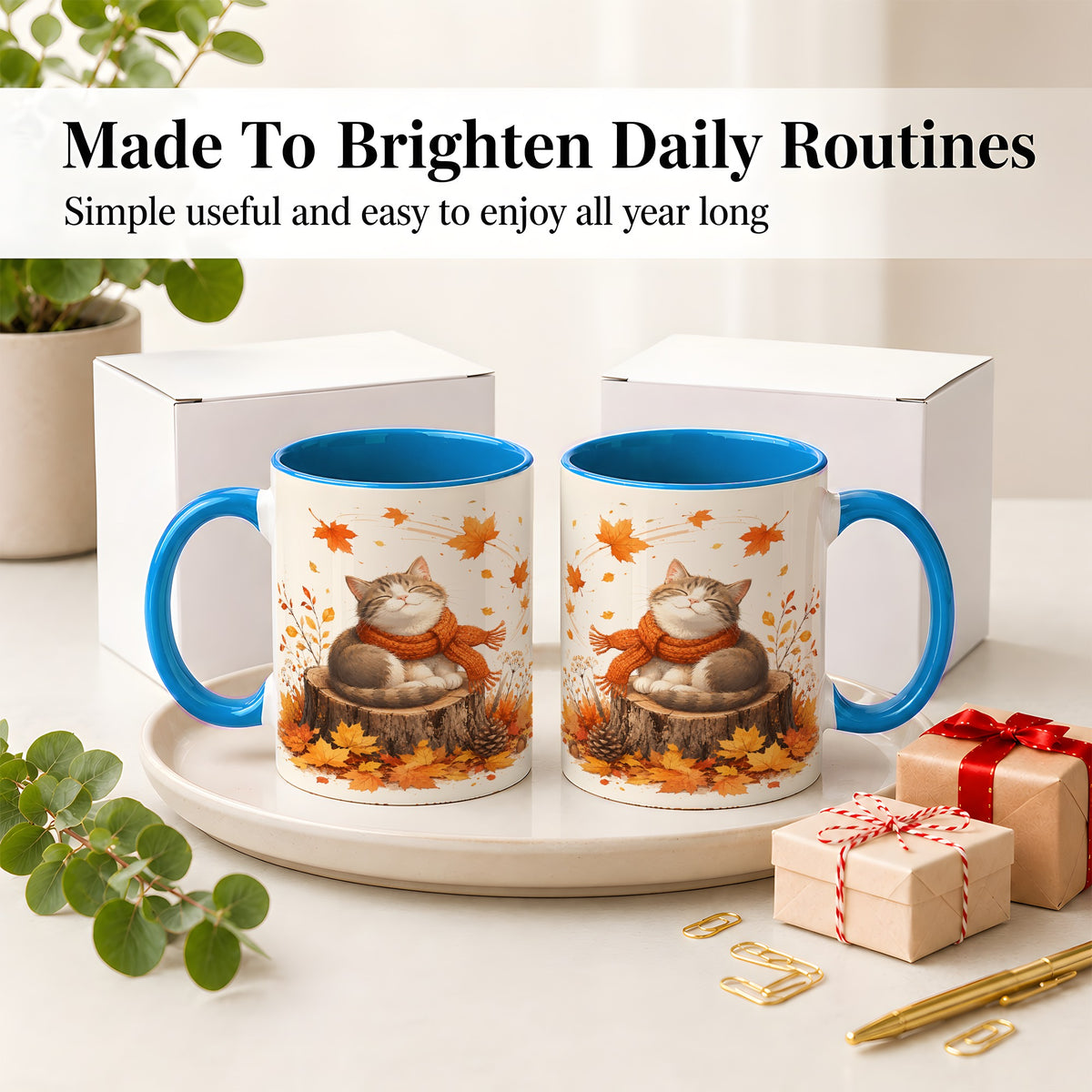 #pl[11oz|Blue] Cozy Autumn Cat Ceramic Coffee Cup, Mug with Scarf Leaf Artwork