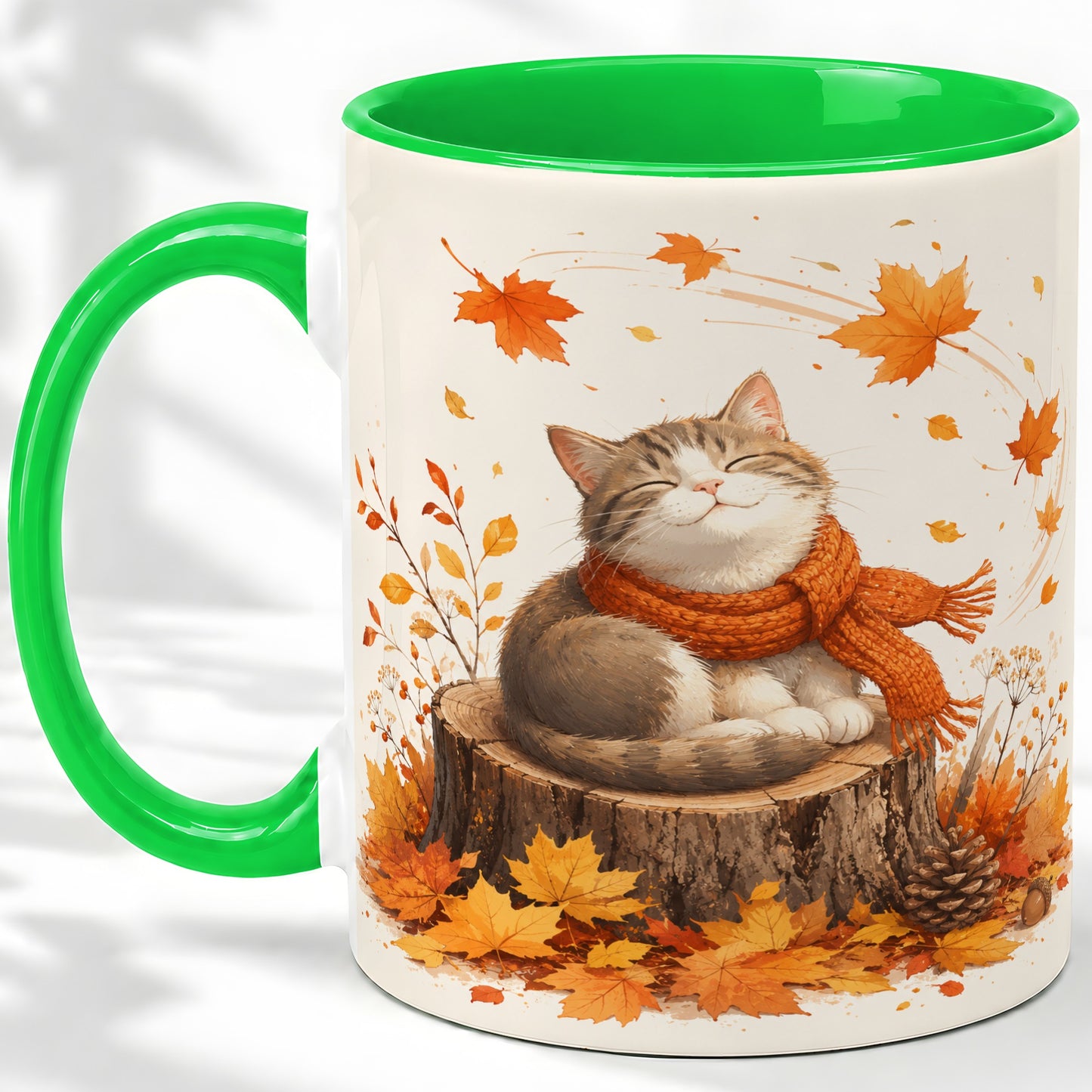 #pl[11oz|Green] Cozy Autumn Cat Ceramic Coffee Cup, Mug with Scarf Leaf Artwork