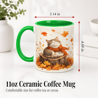 #pl[11oz|Green] Cozy Autumn Cat Ceramic Coffee Cup, Mug with Scarf Leaf Artwork