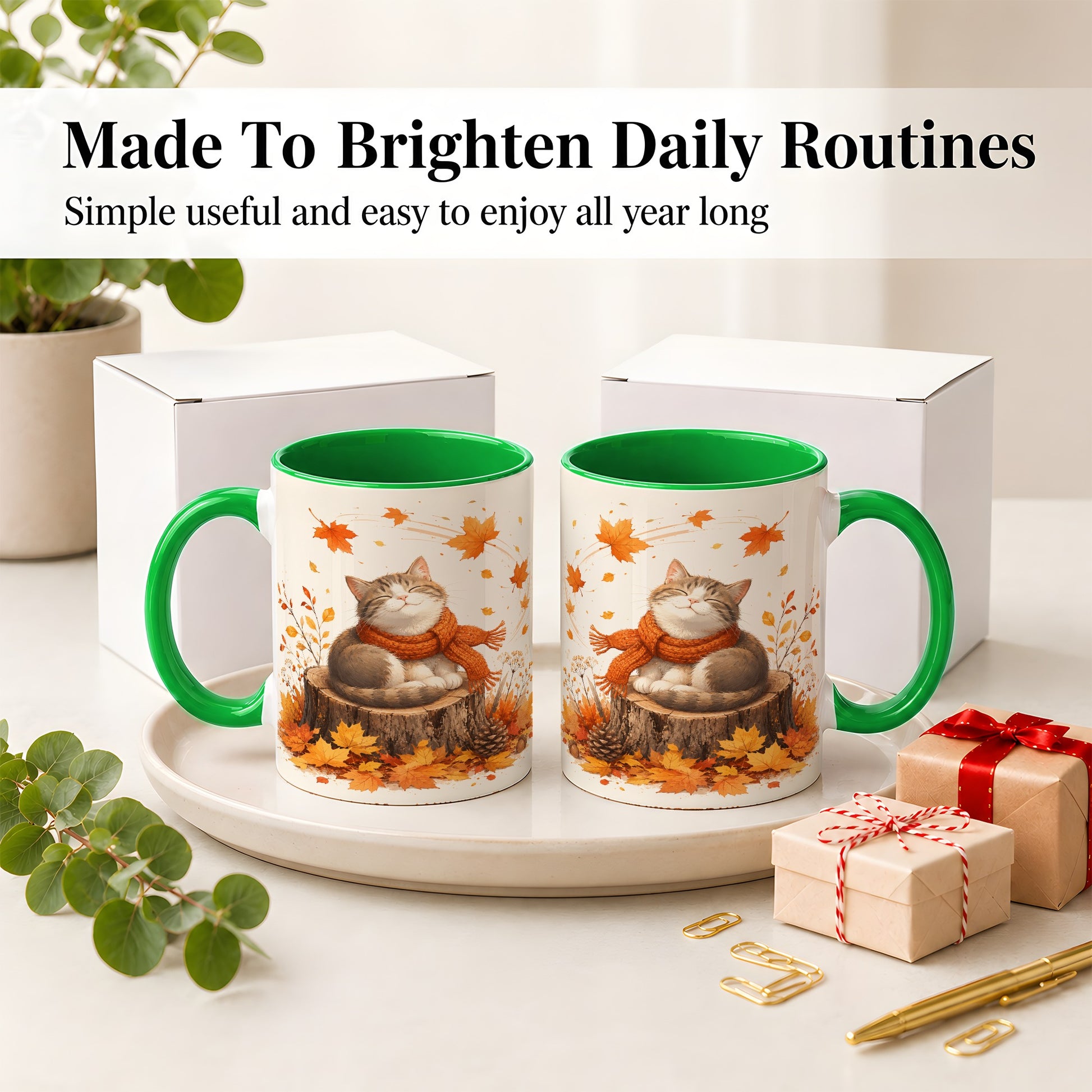 #pl[11oz|Green] Cozy Autumn Cat Ceramic Coffee Cup, Mug with Scarf Leaf Artwork