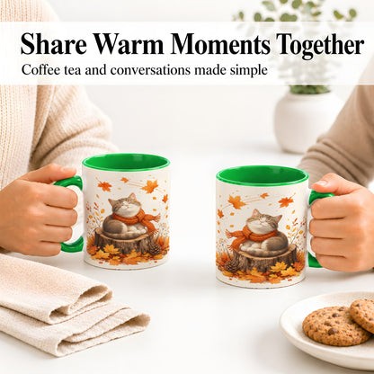 #pl[11oz|Green] Cozy Autumn Cat Ceramic Coffee Cup, Mug with Scarf Leaf Artwork