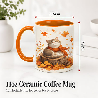 #pl[11oz|Orange] Cozy Autumn Cat Ceramic Coffee Cup, Mug with Scarf Leaf Artwork