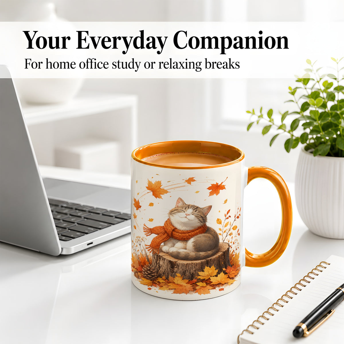 #pl[11oz|Orange] Cozy Autumn Cat Ceramic Coffee Cup, Mug with Scarf Leaf Artwork