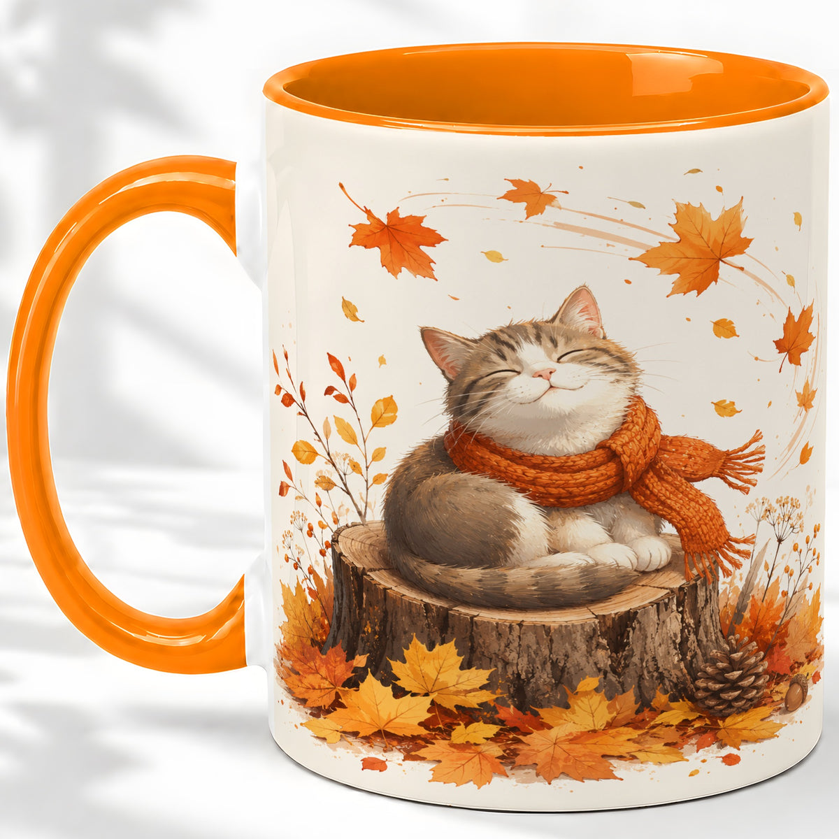 #pl[11oz|Orange] Cozy Autumn Cat Ceramic Coffee Cup, Mug with Scarf Leaf Artwork